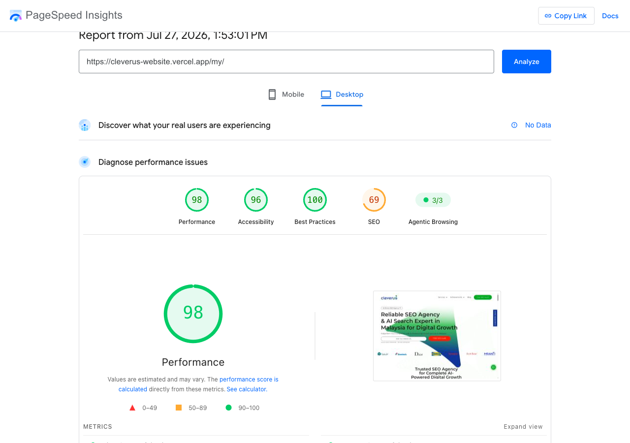 After — headless site, desktop test: performance 98 (27 July 2026)
