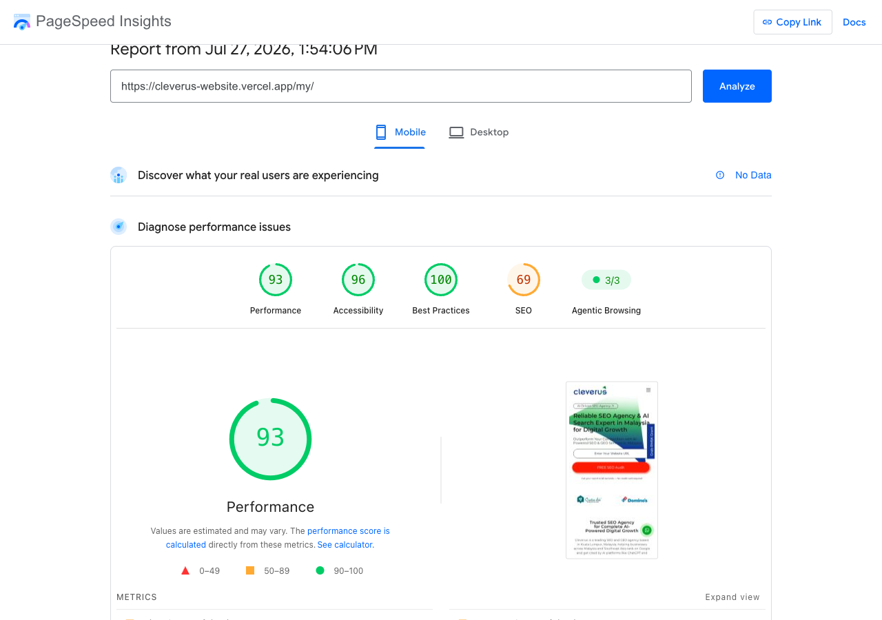 After — headless site, mobile test: performance 93 (27 July 2026)