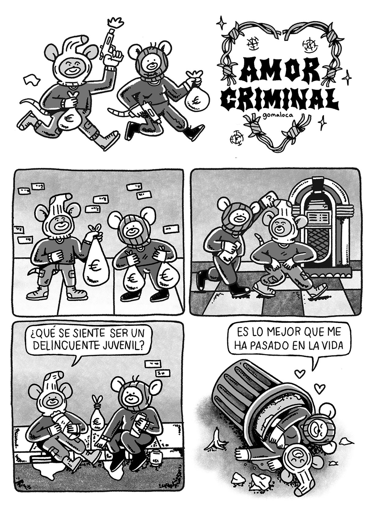 A set of mice steal some money, dance, eat kebab and sleep in the trash.
