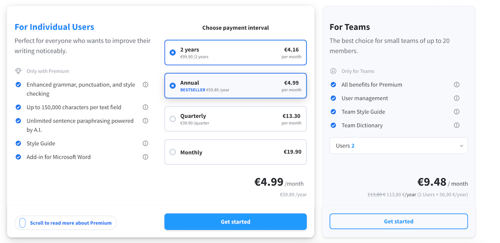 Language Tool Pricing Plans