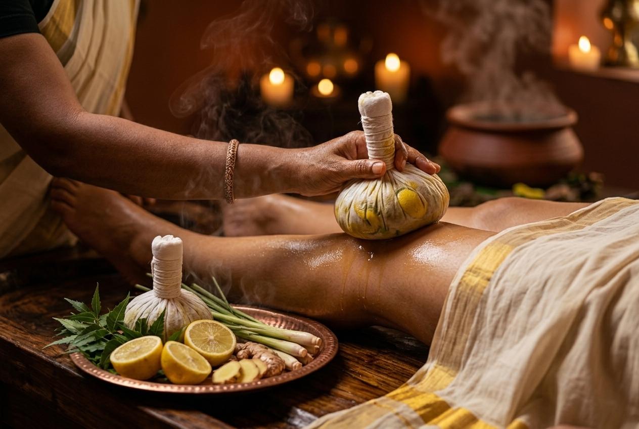 Jambeera Pinda Swedam Ayurveda treatment at Vaidya Vrindavanam, Haripad