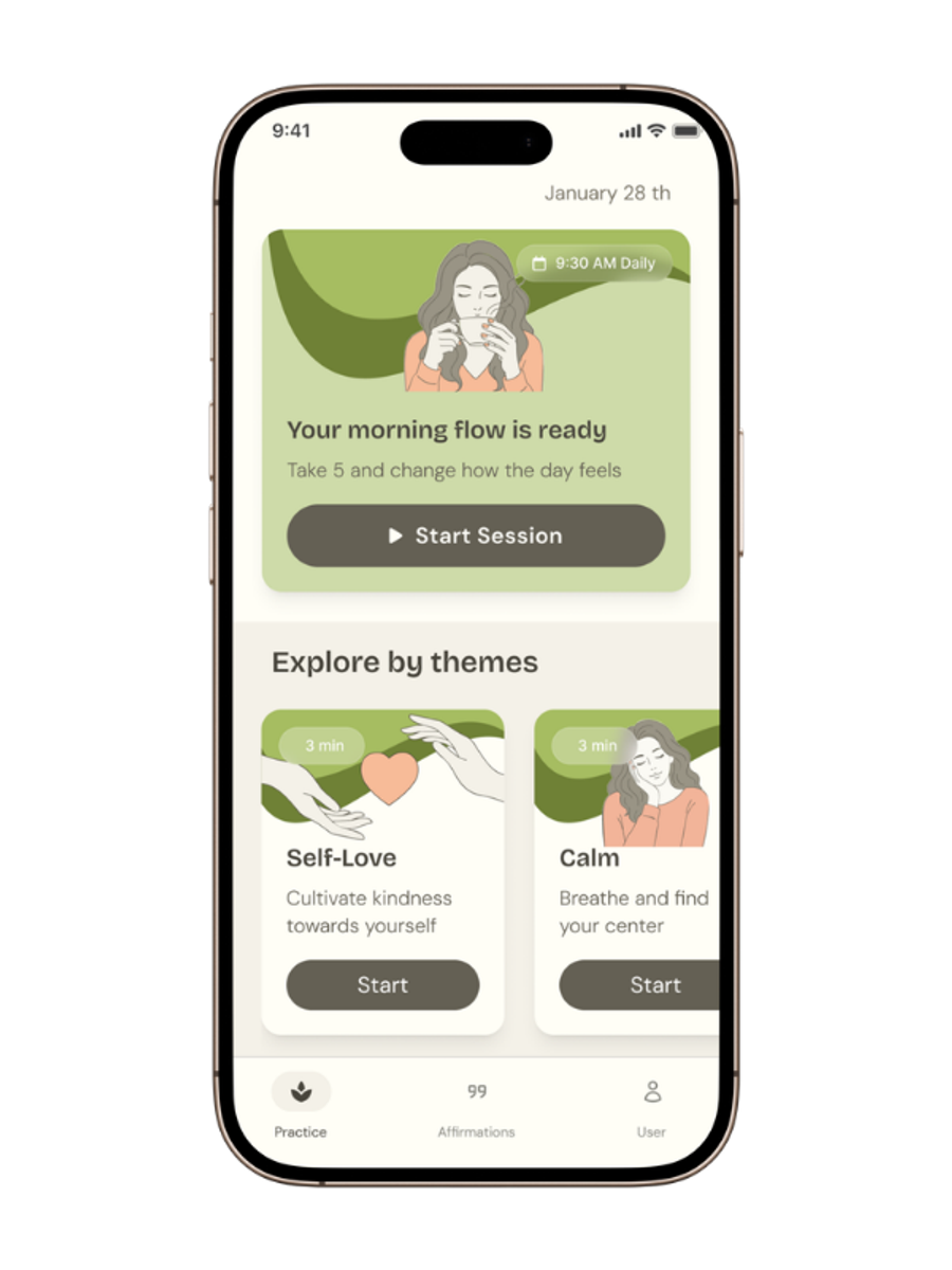 Matchamind app home screen showing a morning session and themed practices like Self-Love and Calm