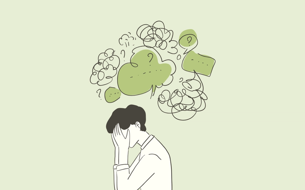 Illustration of a person holding their head under a cloud of tangled, scribbled thoughts