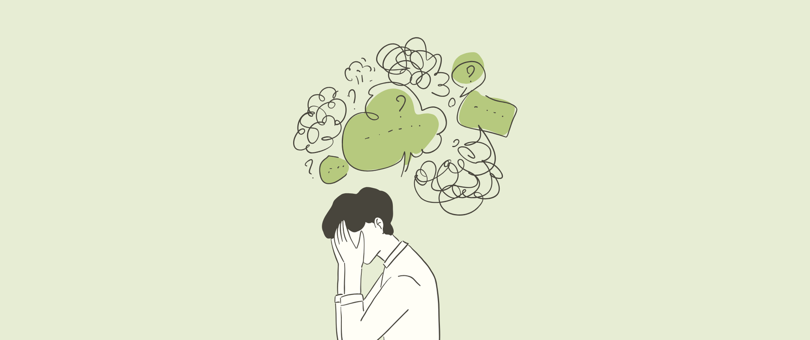 Illustration of a person holding their head under a cloud of tangled, scribbled thoughts
