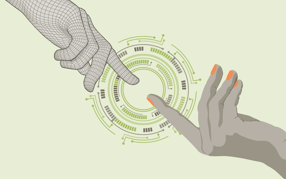 A wireframe digital hand and a human hand reaching toward each other through a circular interface
