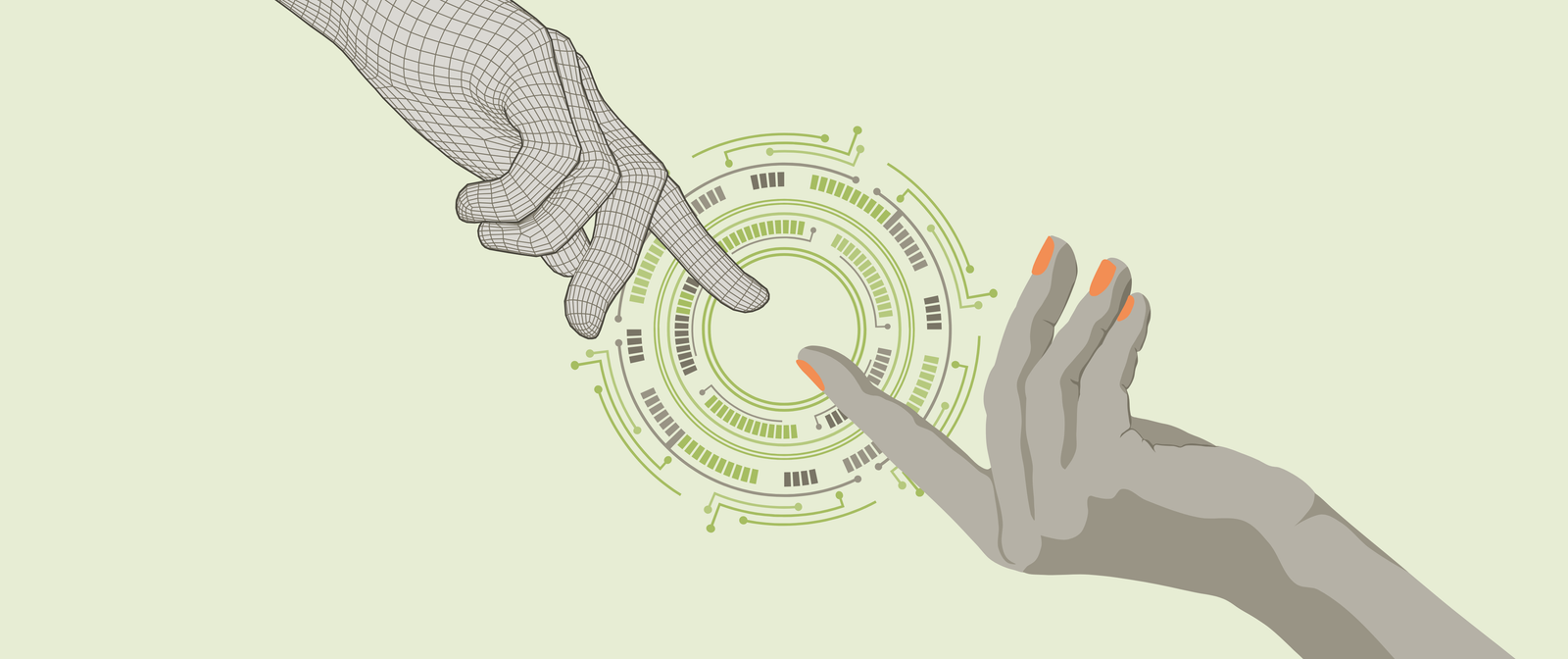 A wireframe digital hand and a human hand reaching toward each other through a circular interface