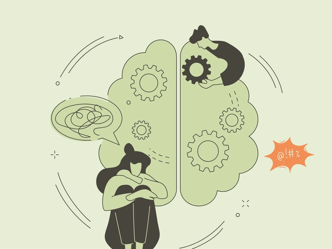 Illustration of a person hunched beside a large mind drawn as interlocking gears