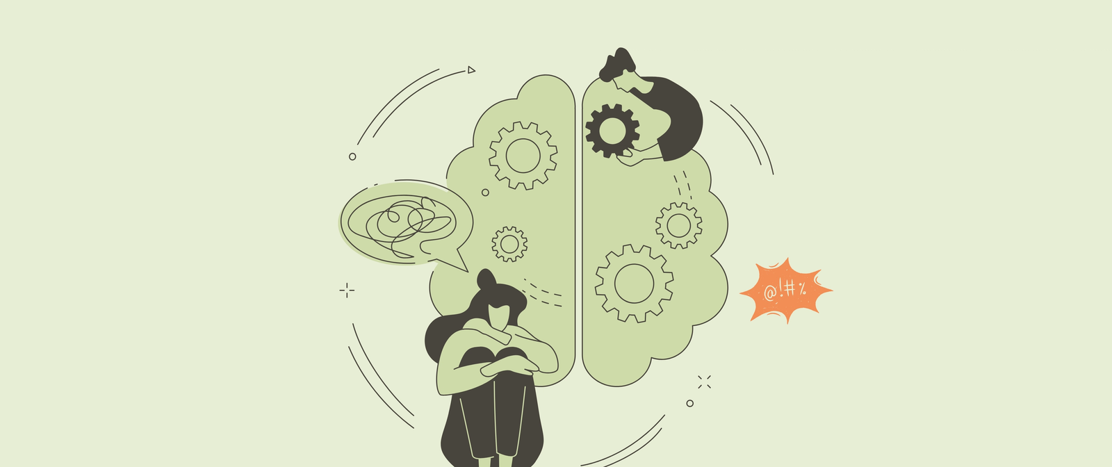 Illustration of a person hunched beside a large mind drawn as interlocking gears
