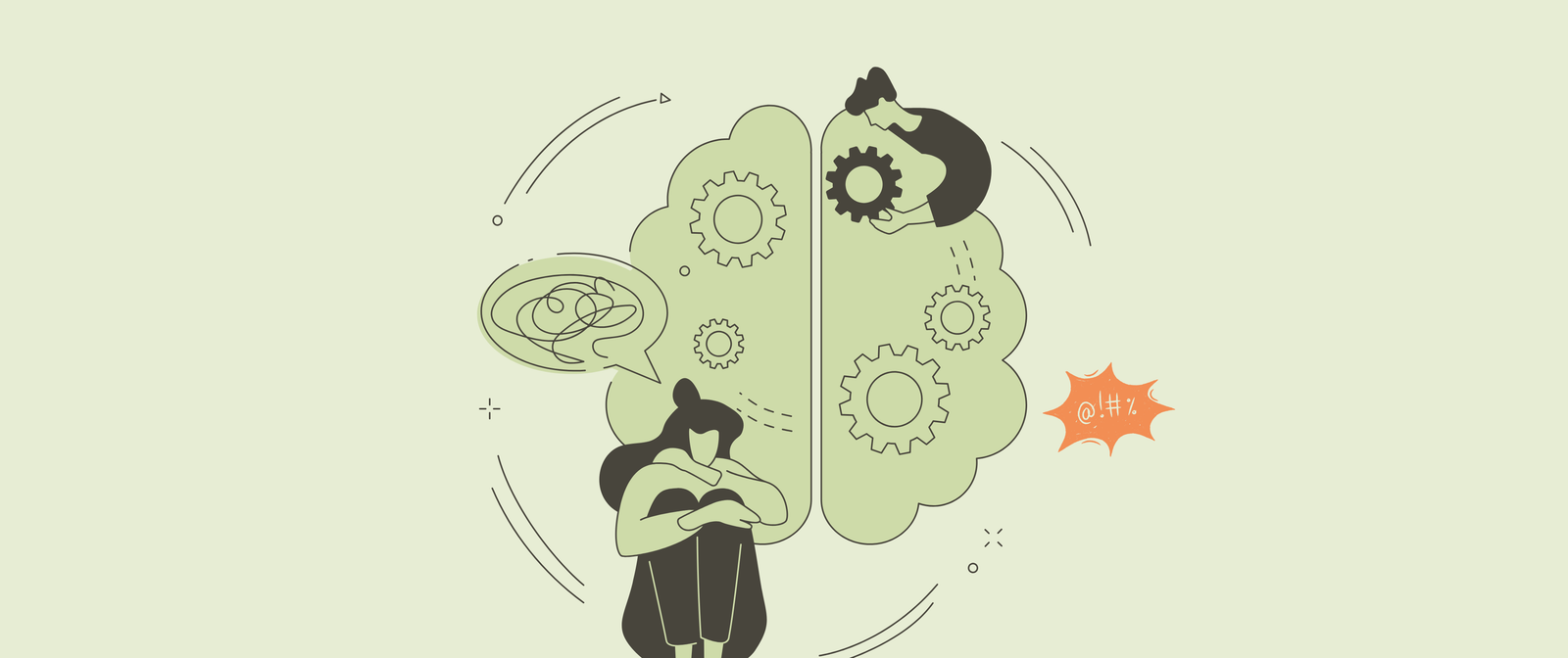 Illustration of a person hunched beside a large mind drawn as interlocking gears
