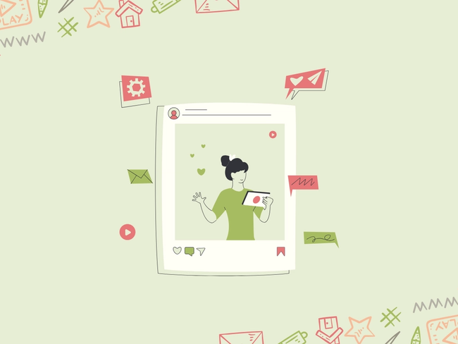 Illustration of a woman inside a social media post frame, surrounded by doodles of likes, hearts and shares