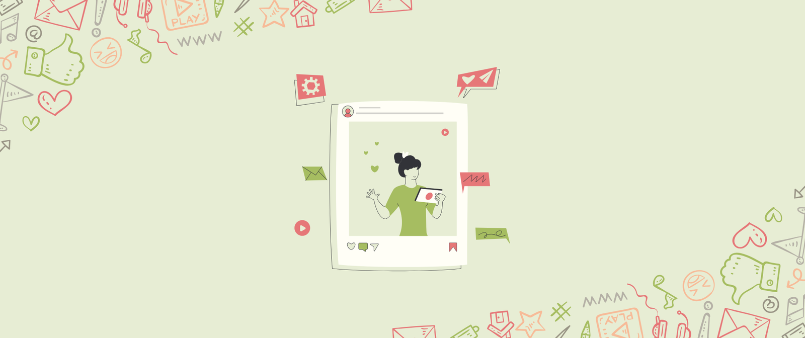 Illustration of a woman inside a social media post frame, surrounded by doodles of likes, hearts and shares