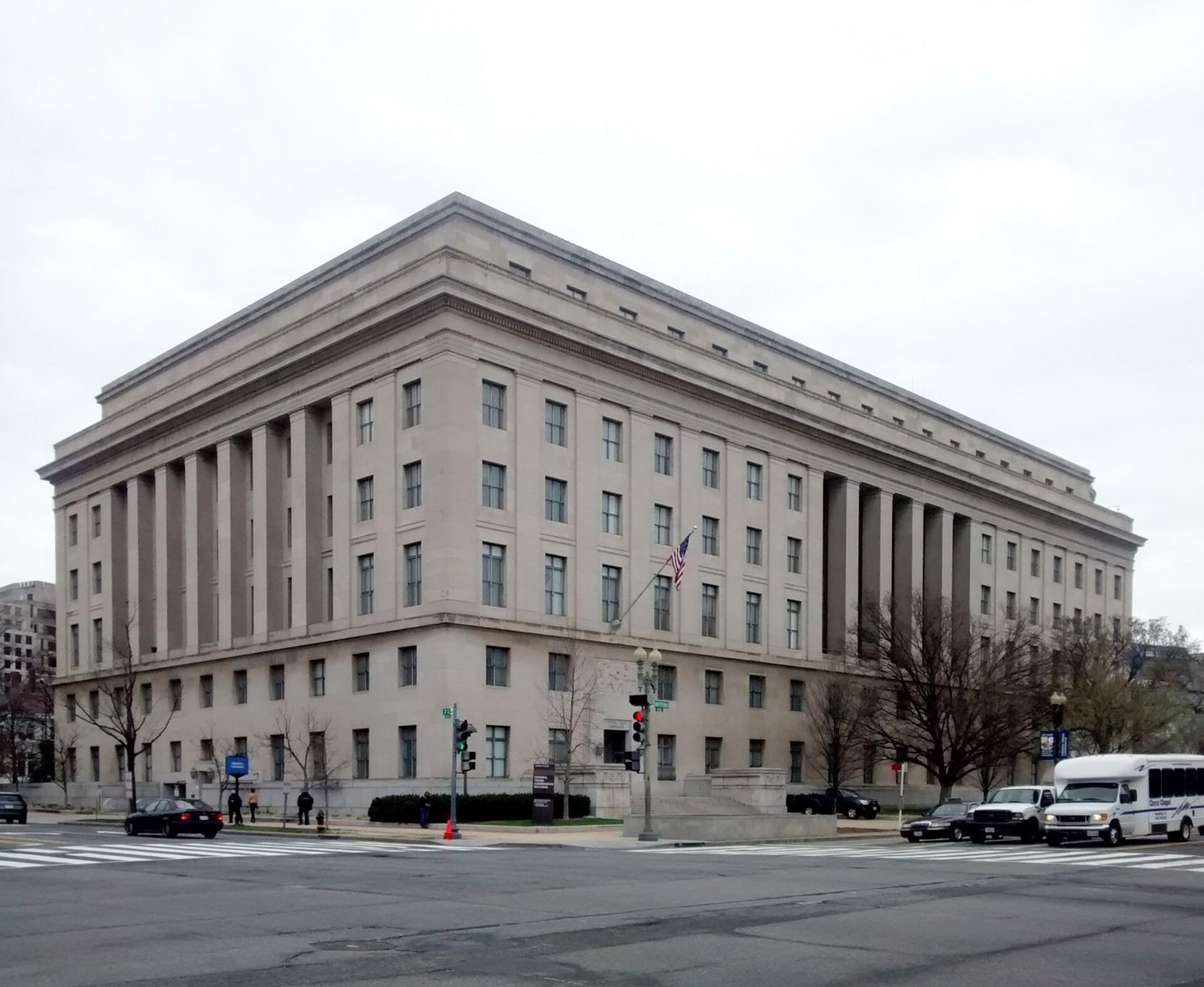 Facade of the Federal Trade Commission Building with classical columns and American flag