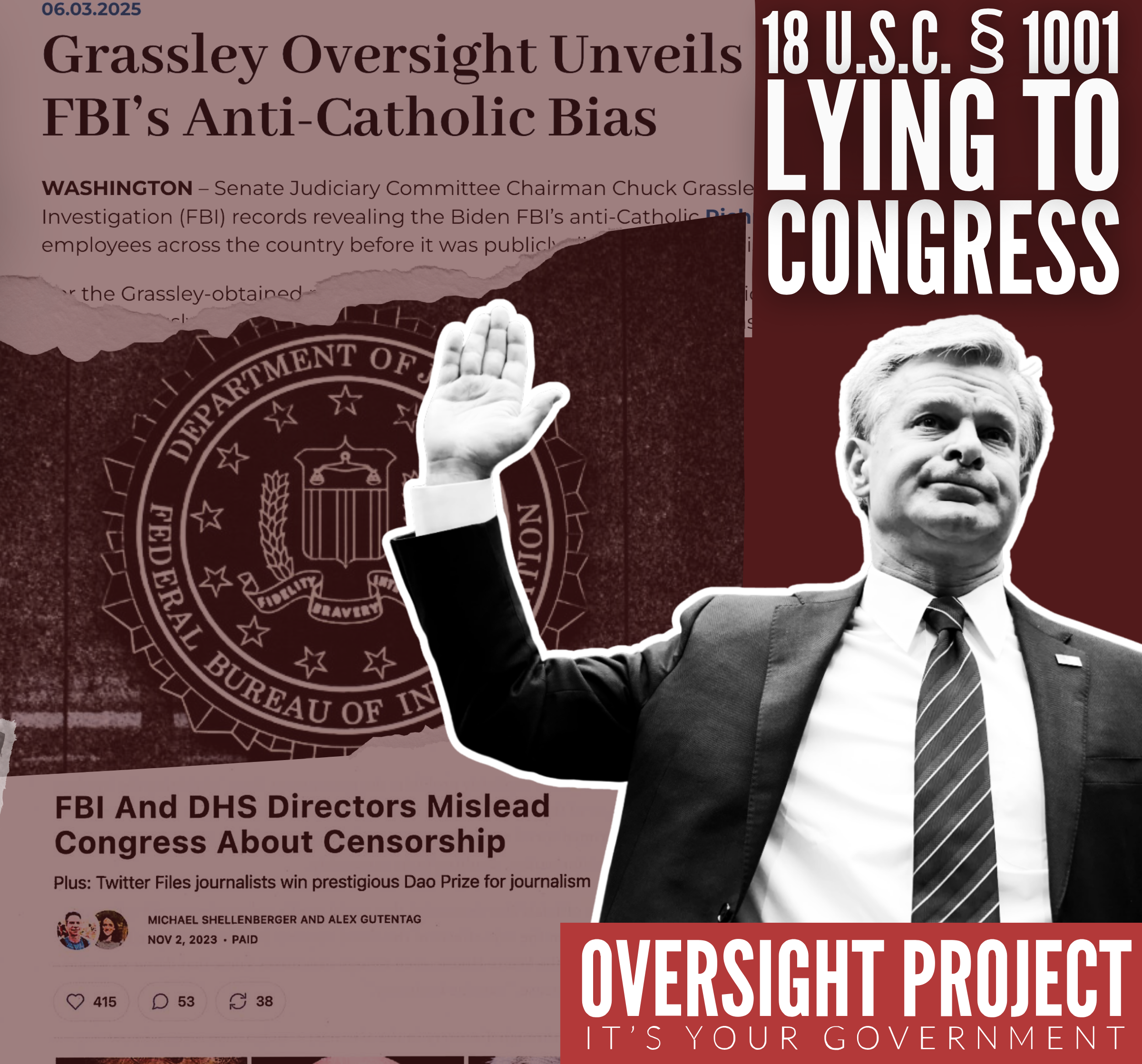Oversight Project Submits Criminal Referral Against Former FBI Director Christopher Wray for Alleged Violations, Including Lying to Congress and Obstruction