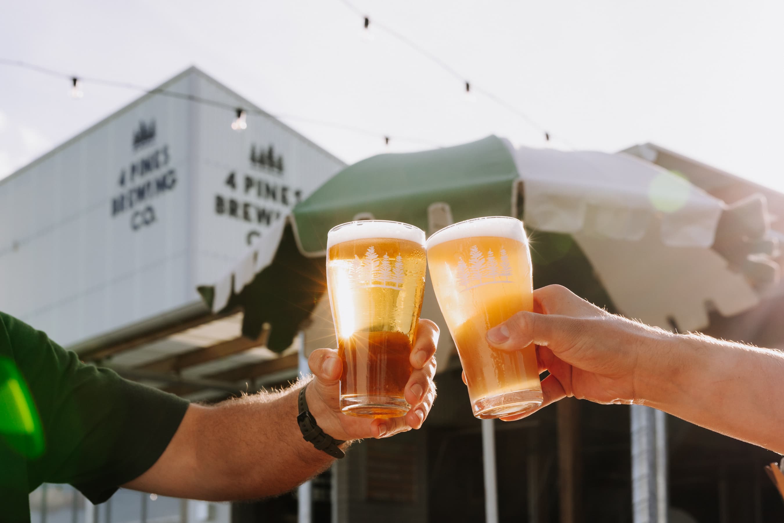 Two people toasting beers