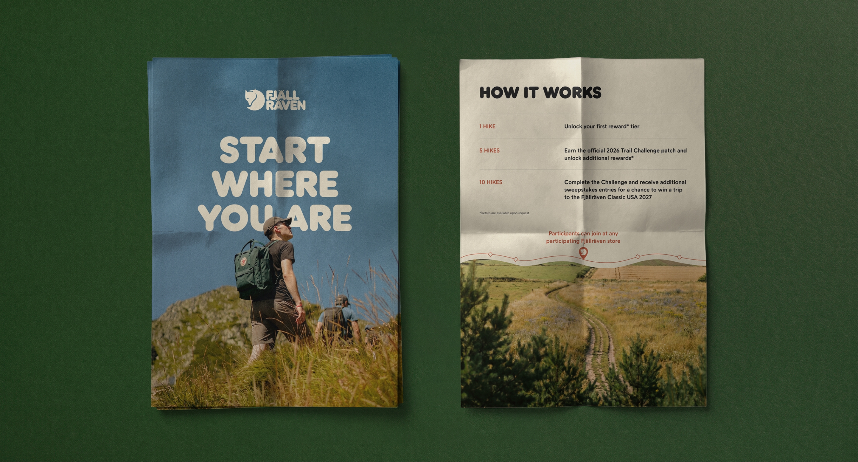 Community PDF cover and inside spread laid flat on a forest green surface, showing the editorial layout.