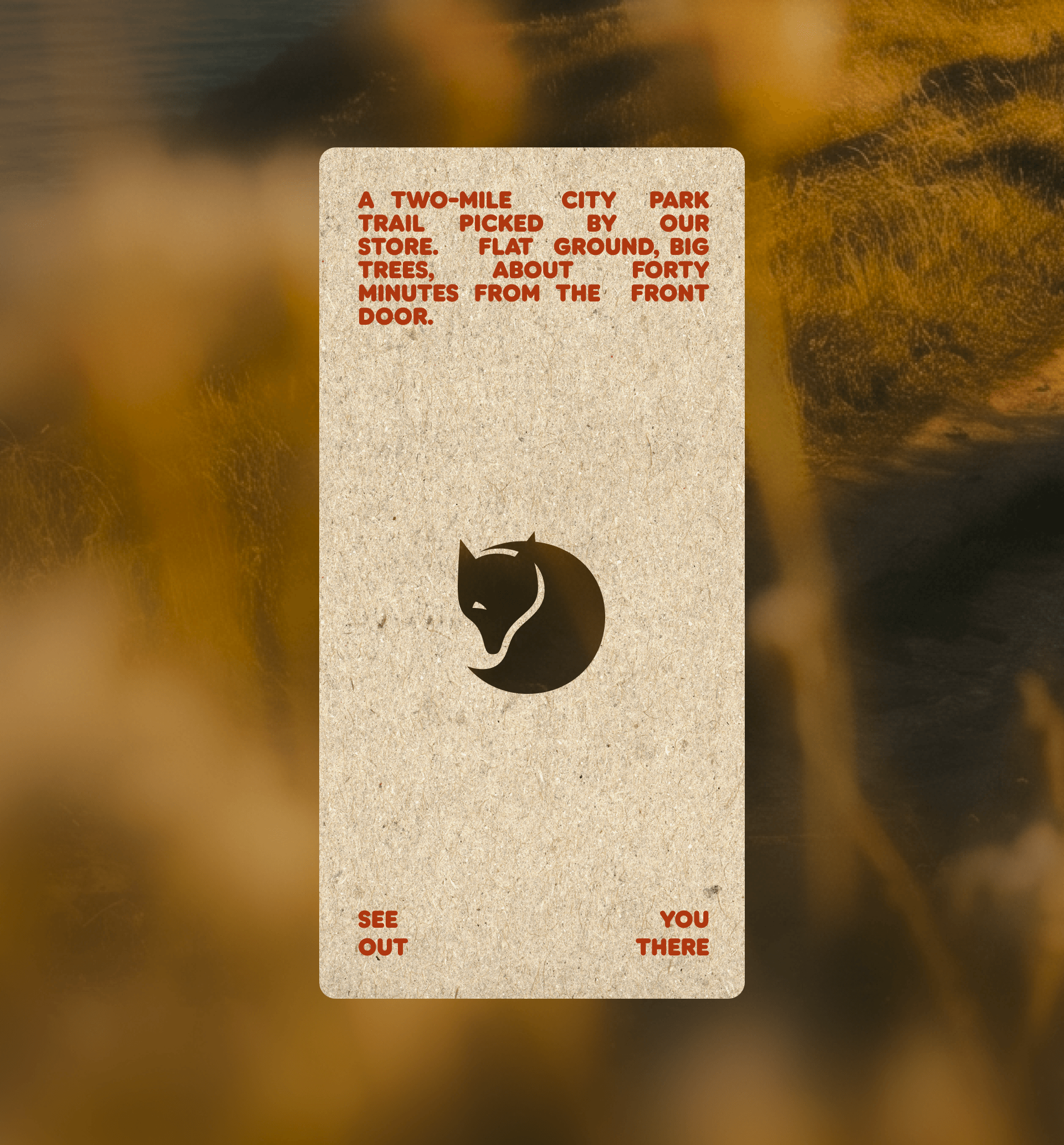 Trail Challenge postcard front showing the embroidered fox patch artwork, propped against tall grass at golden hour.
