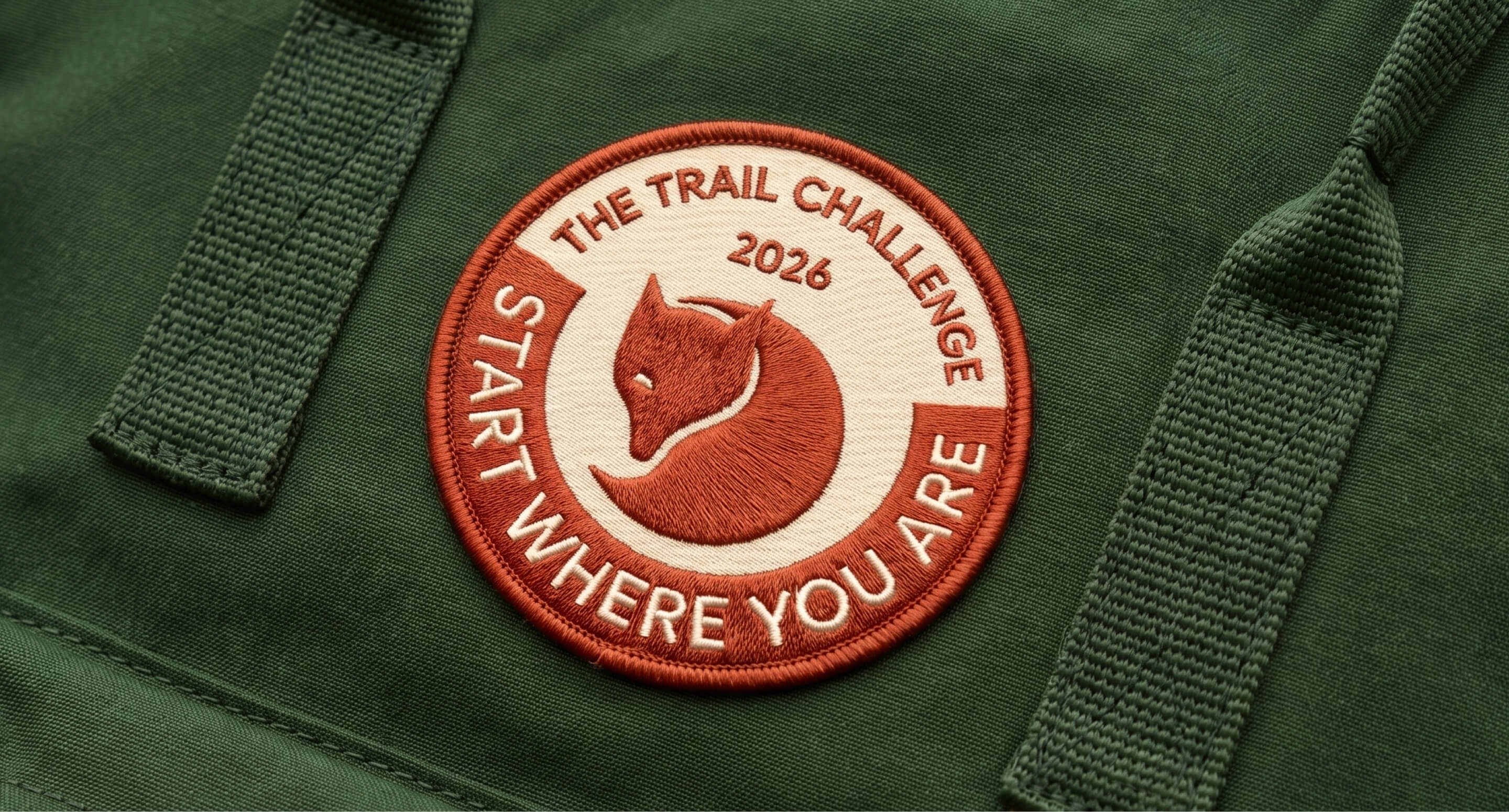 Embroidered Trail Challenge patch sewn onto the front pocket of a forest green canvas chore jacket.