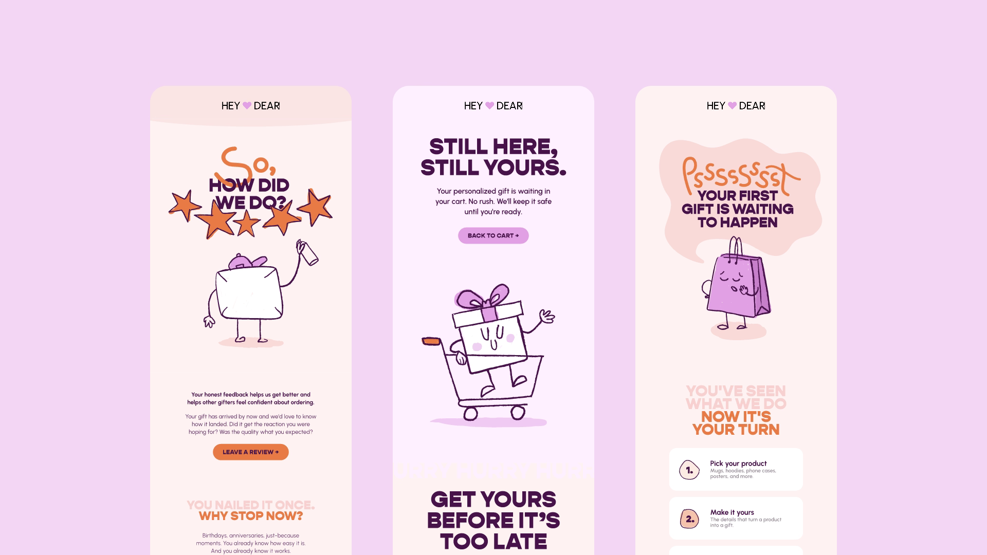 3 static emails, beautiful, playful illustrations and creative email hero designs