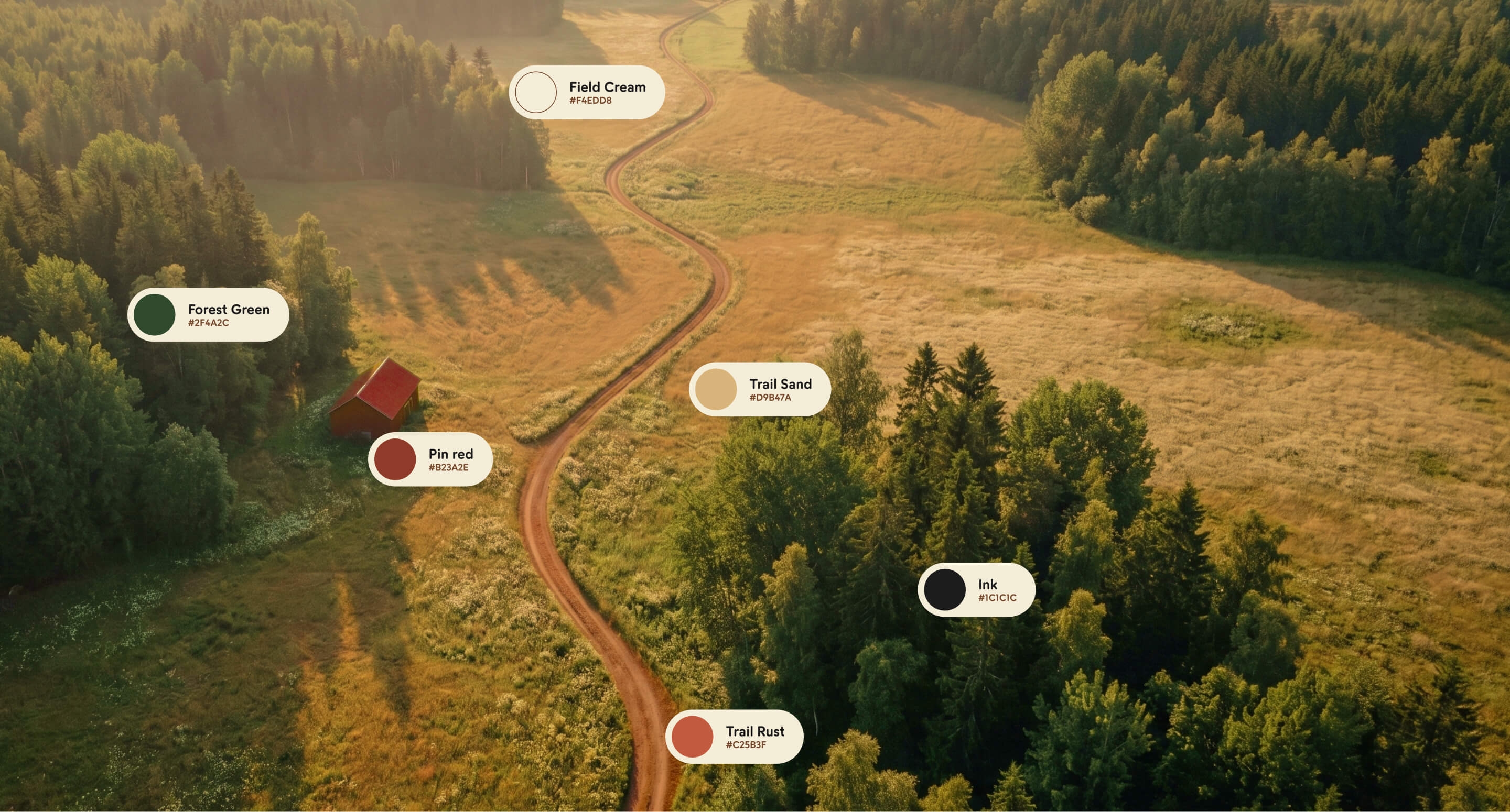 Aerial drone shot of a Scandinavian summer landscape with the campaign color callouts labeled directly on the image.