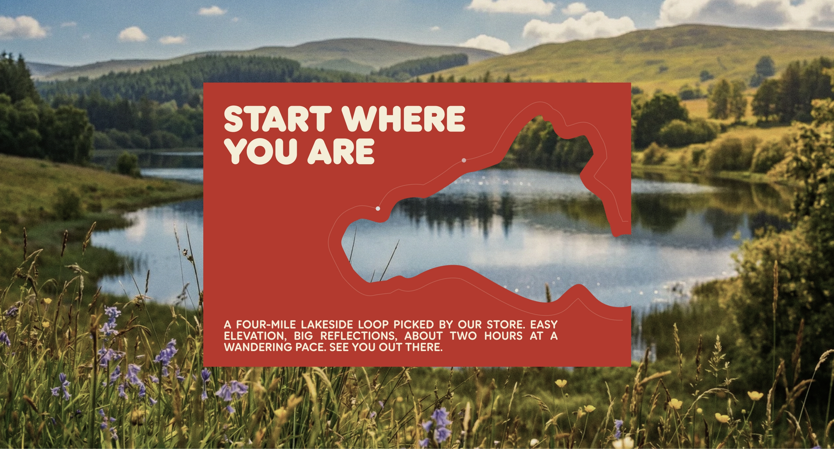 Coastal hero composition with a pin red callout shape carrying the line "Start where you are" and full trail copy beneath.