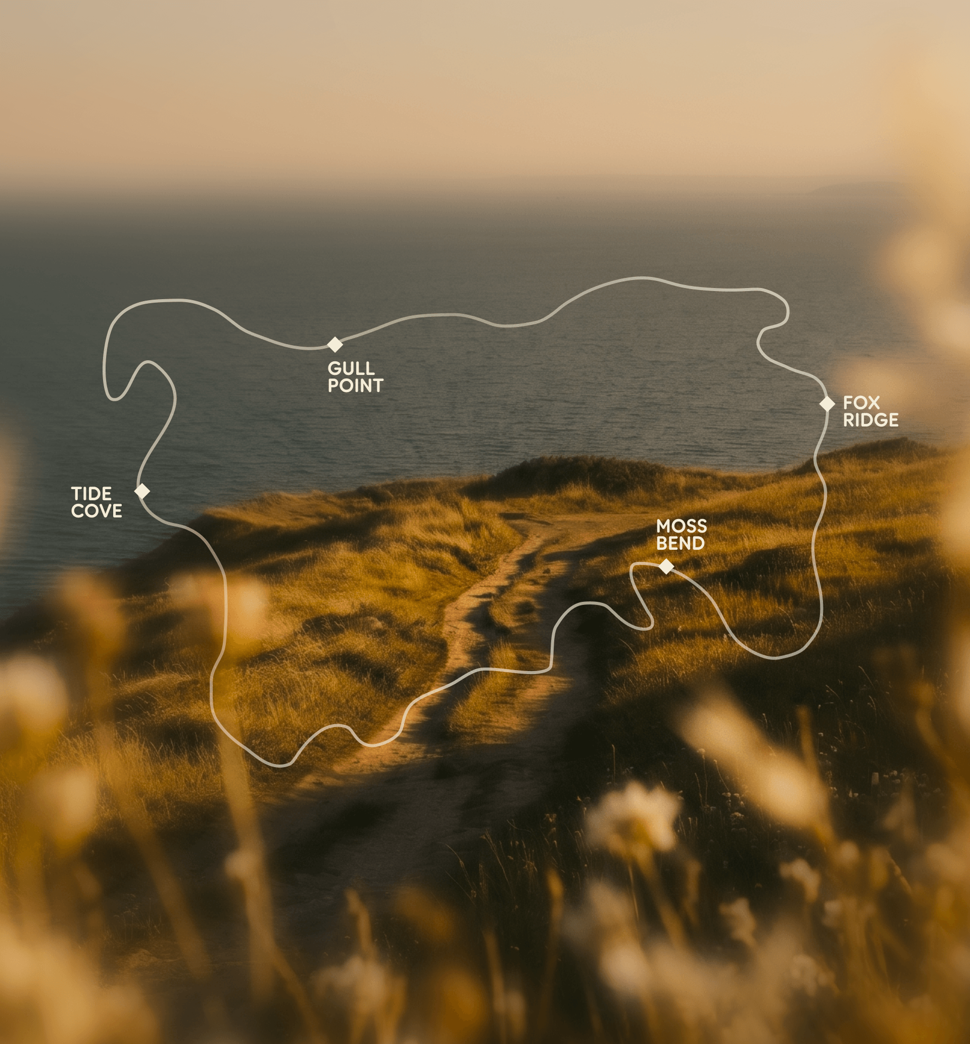 Custom illustrated trail map showing four waypoints along a coastal loop, overlaid on a sun-drenched coastline.