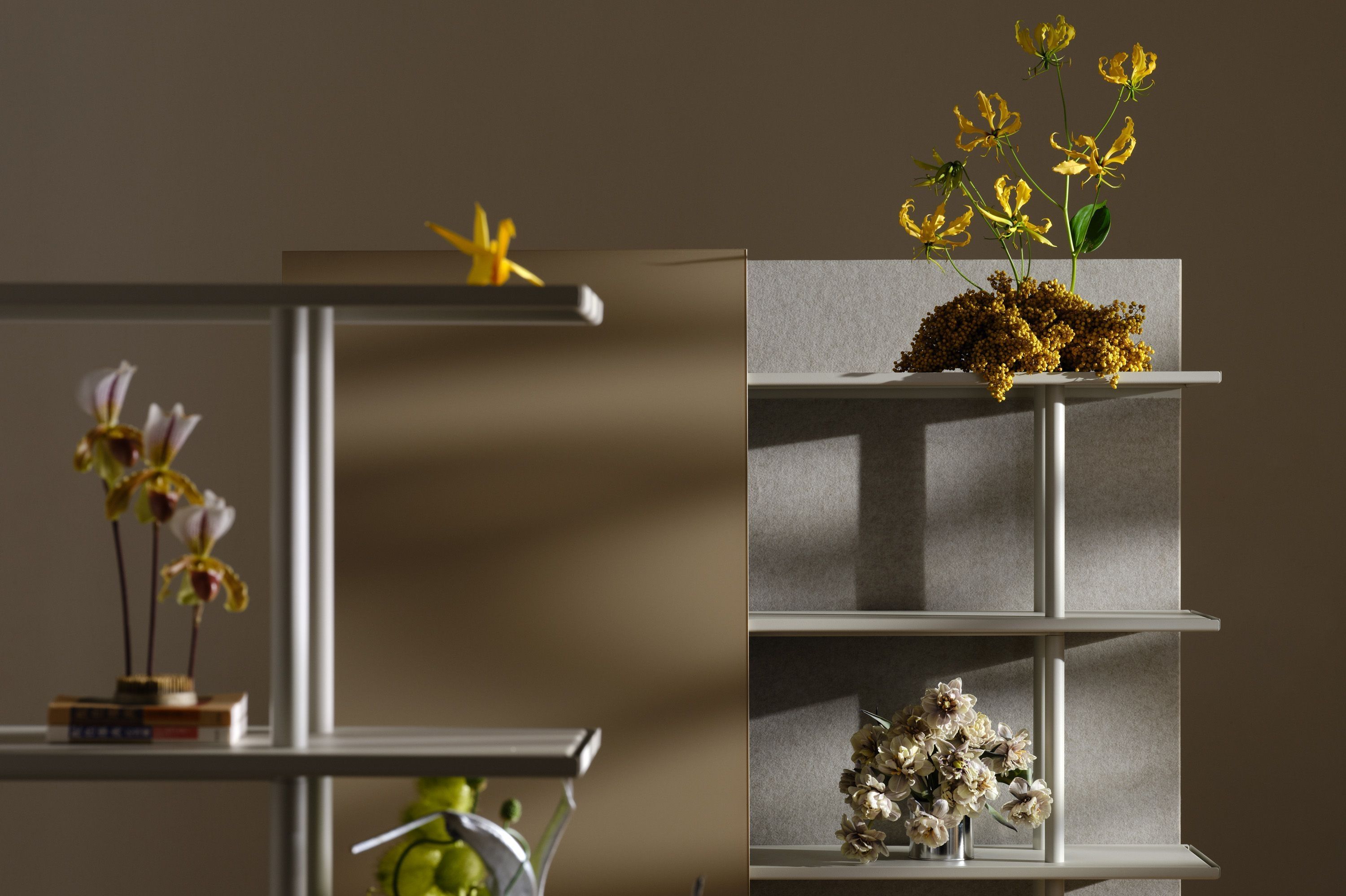 Two A08 mobile storage boards with flower arrangements by Mirja Bozarth Fornell