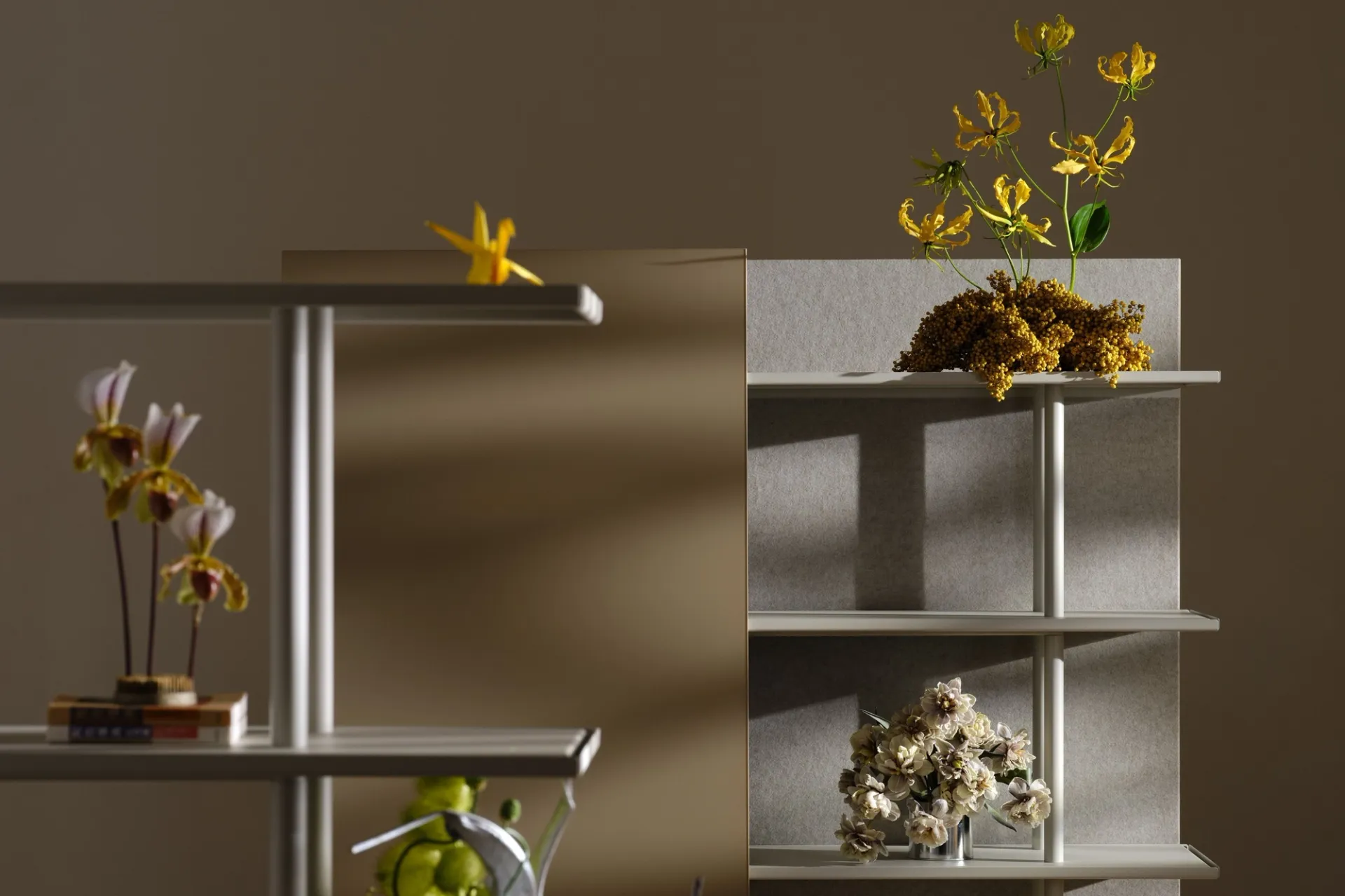 Two A08 mobile storage boards with flower arrangements by Mirja Bozarth Fornell