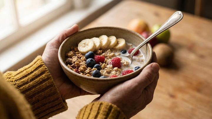 Women holing fiber based foods including hot cear with blueberries and bananas.