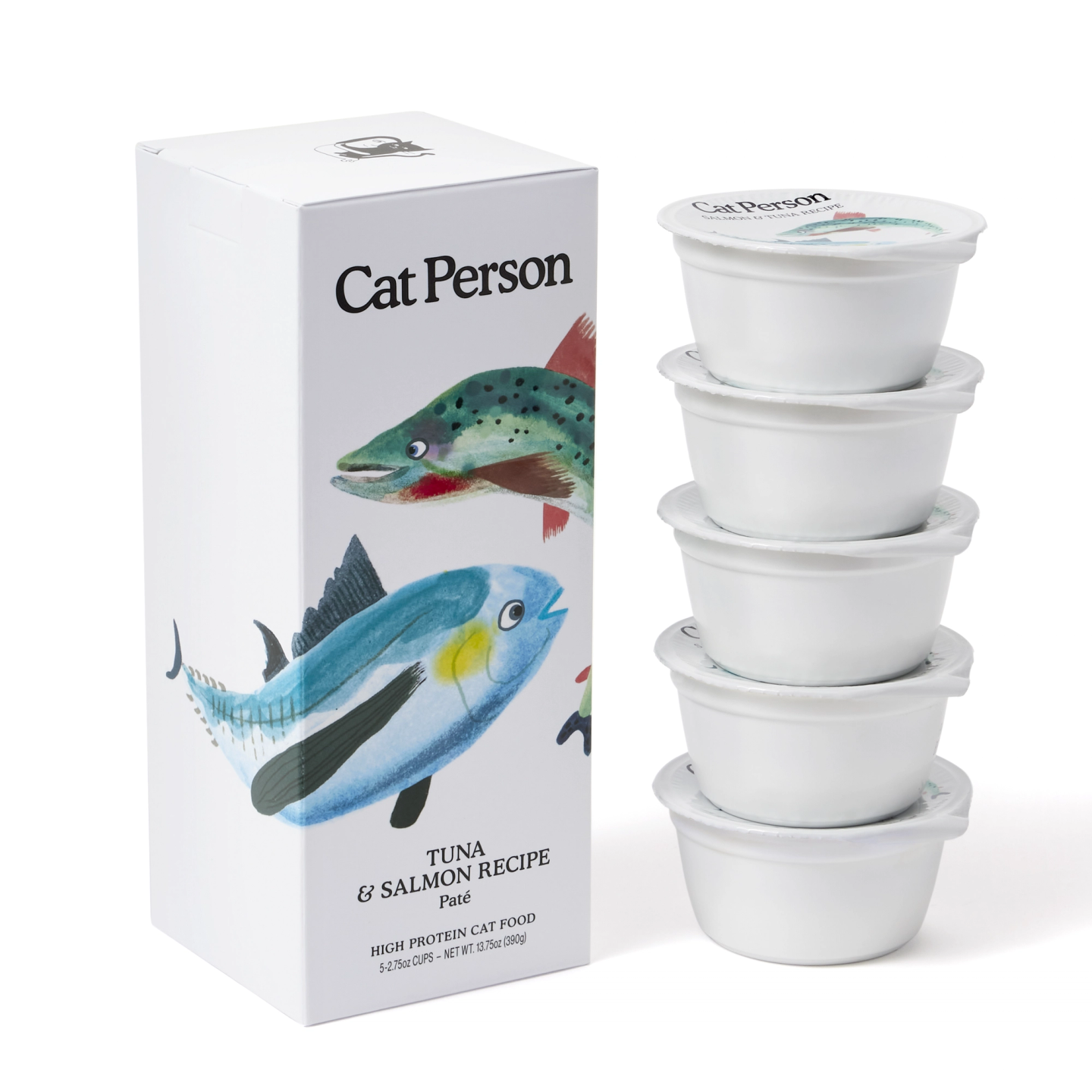 Sleeve and cup of Cat Person Salmon & Tuna Pate wet food