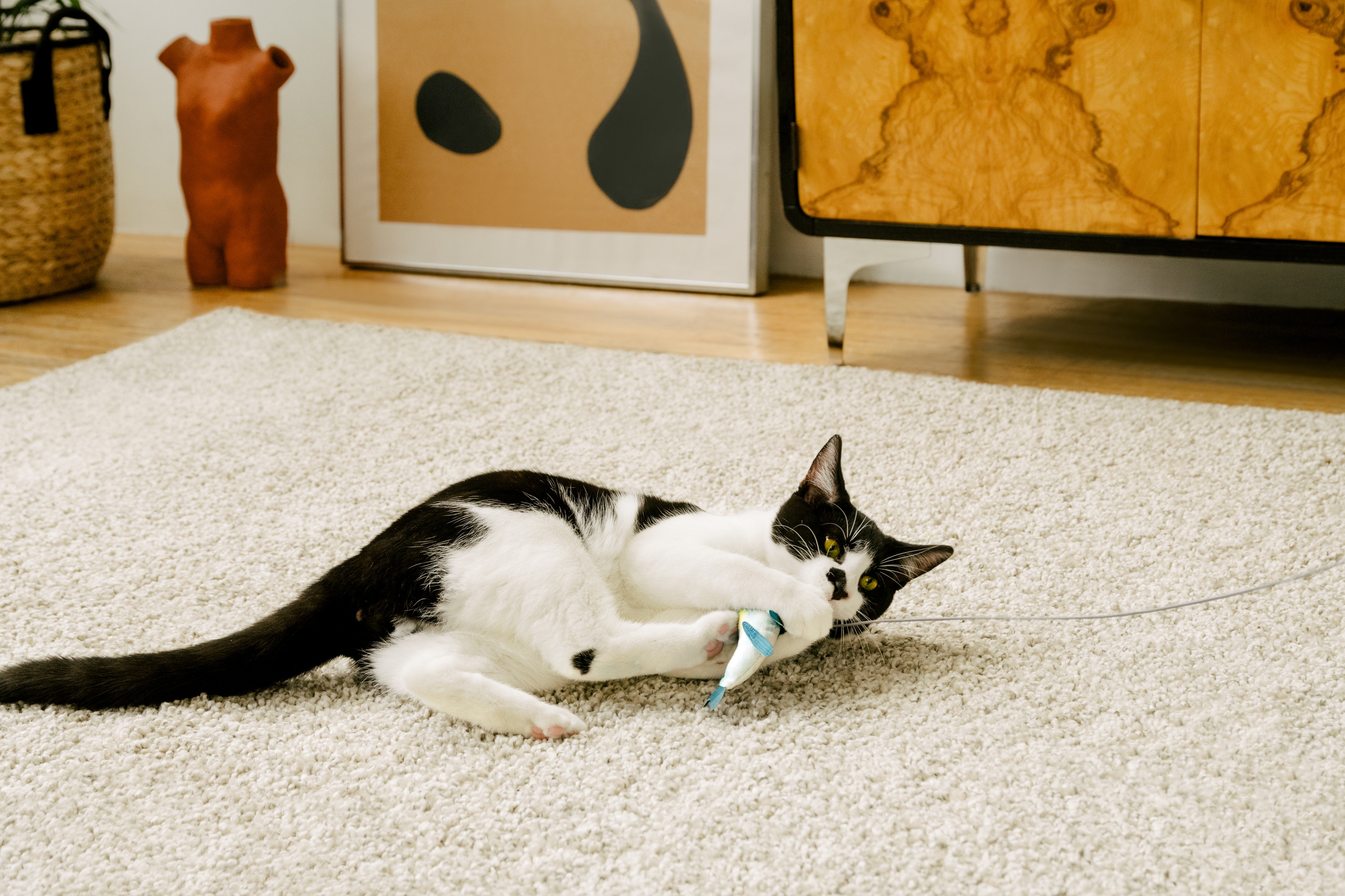 Black and white cat lying on white rug pulling playfully at Cat Person tuna catnip toy