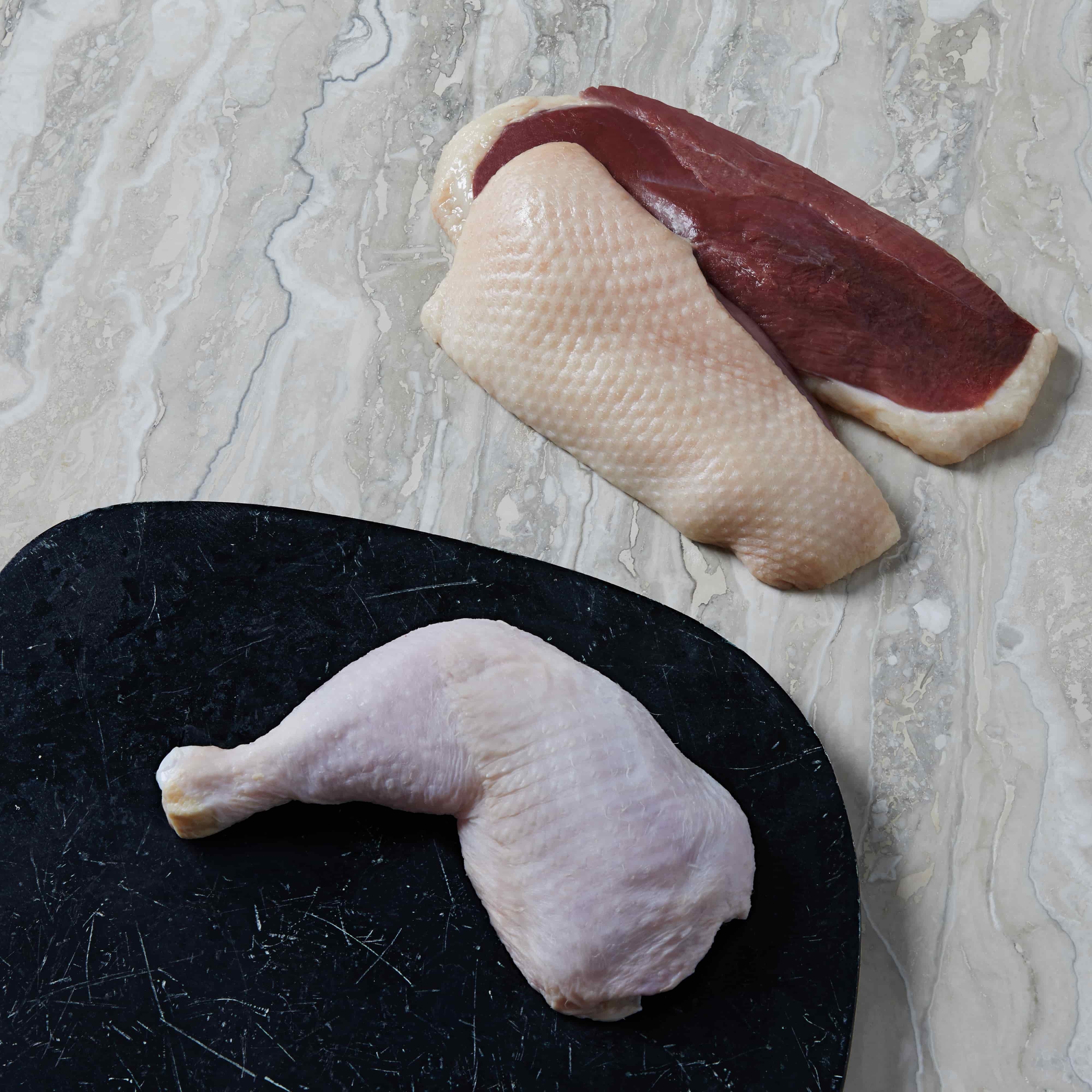 Raw duck breast and raw turkey leg