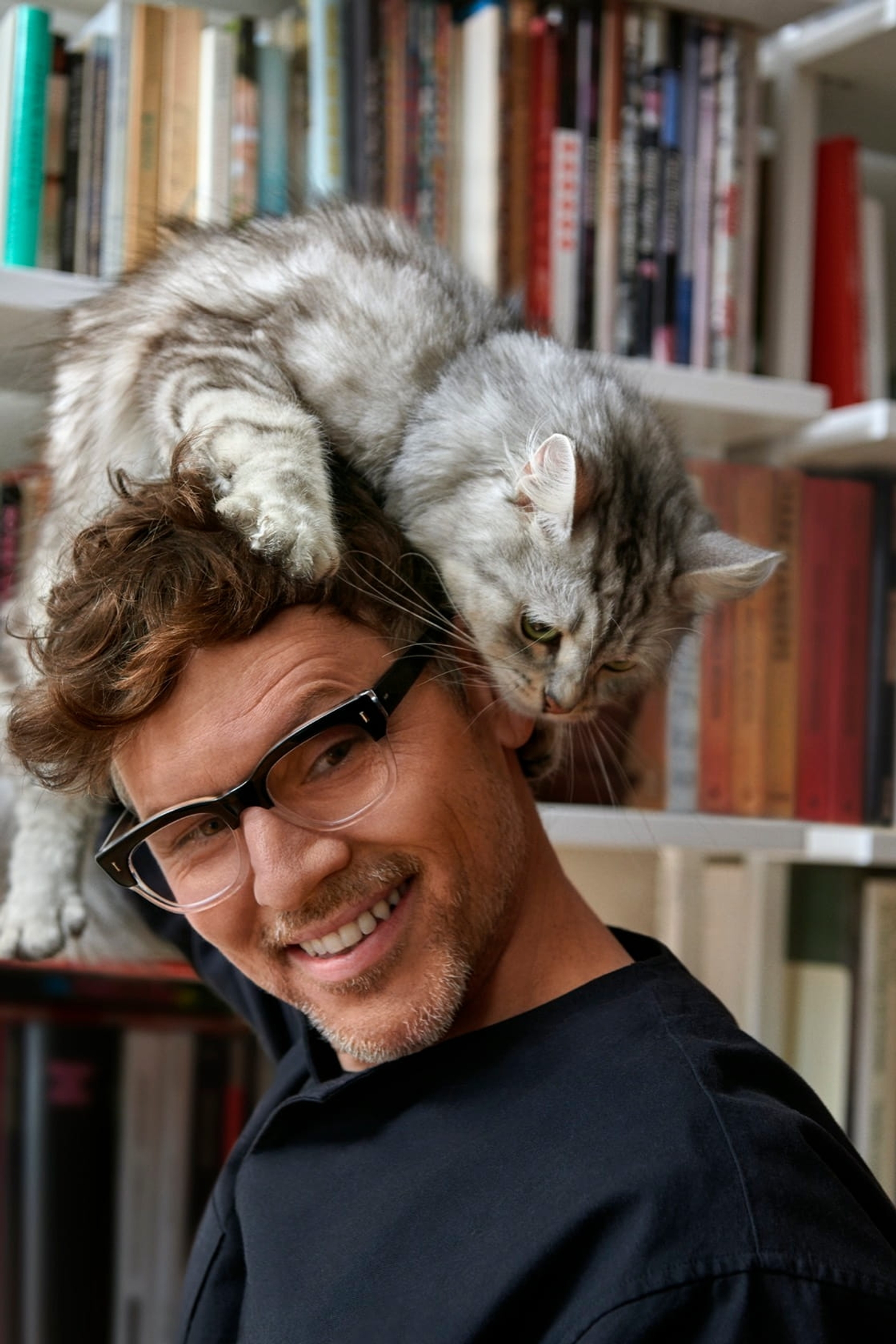 A fluffy cat tries to perch on top of a man's head. The man looks amused