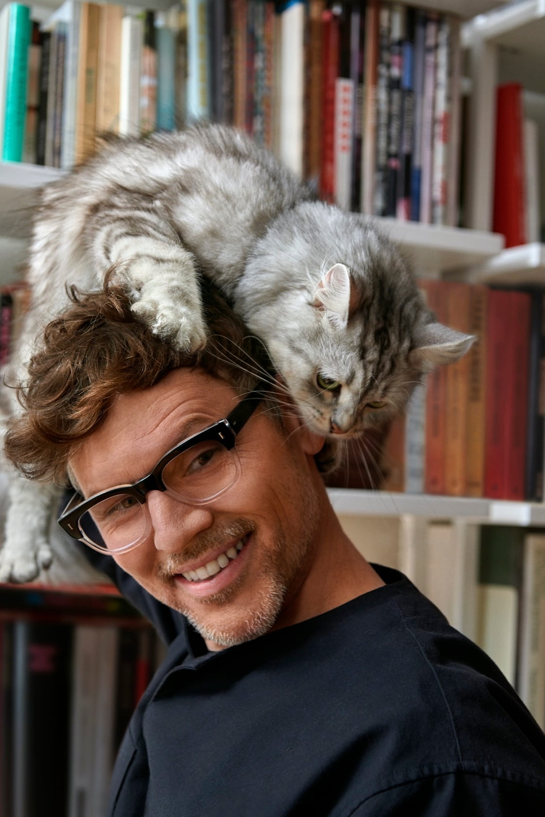 A fluffy cat tries to perch on top of a man's head. The man looks amused