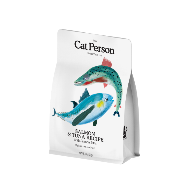 Bag of Cat Person salmon and tuna dry food with salmon bites