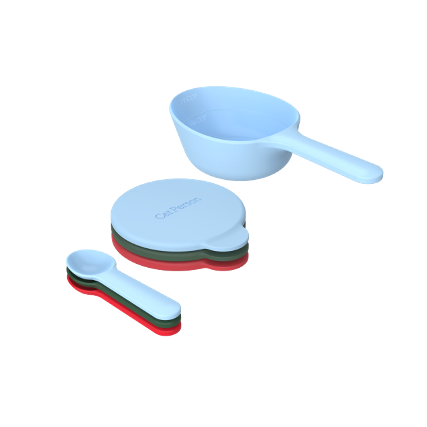 Cat Person serve & store set, including three wet food spoons, three reusable wet food lids, and one dry food scoop