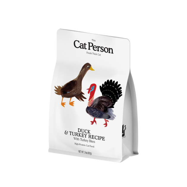 Bag of Cat Person duck and turkey dry food with turkey bites