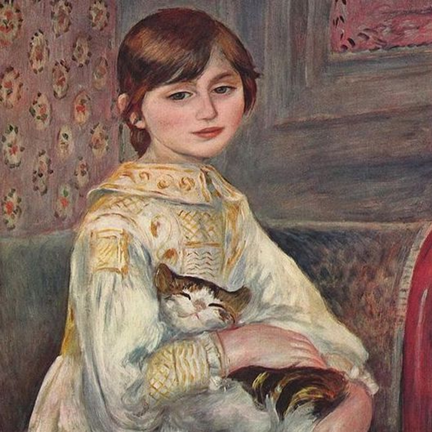 A painting of a young girl holding a sleeping cat in her arms 