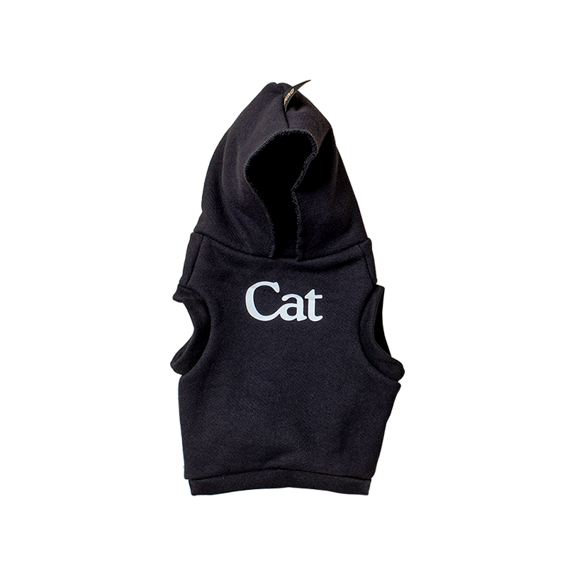 A tiny hoodie for cats with the word cat on the front