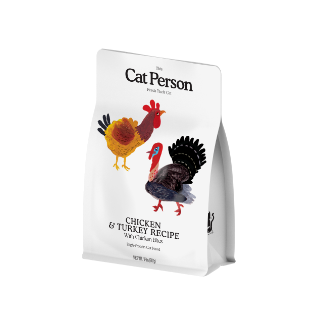 Bag of Cat Person chicken and turkey dry food with chicken bites