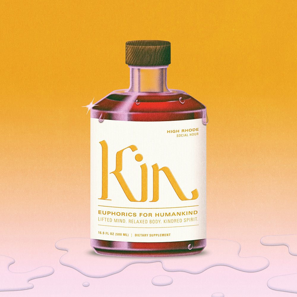 Illustration of Kin Euphorics bottle by Robert Beatty. Campaign art direction, packaging design, and branding by RoAndCo