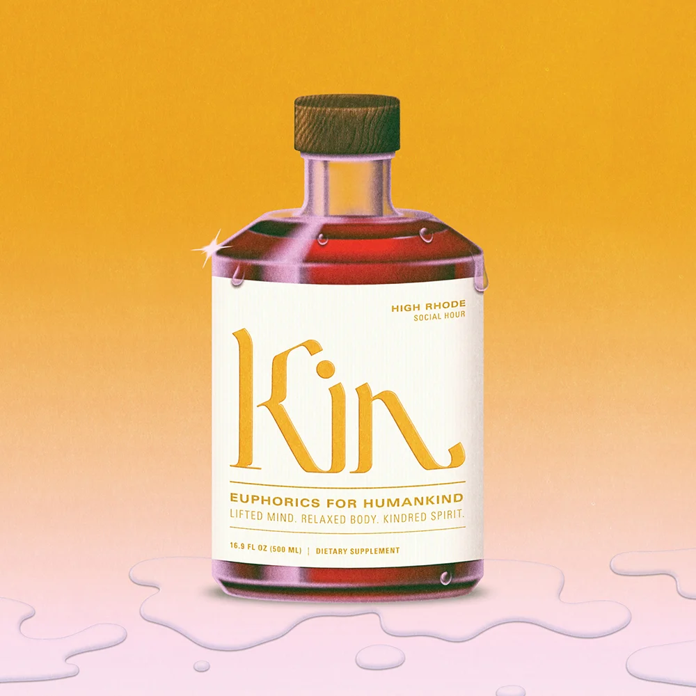 Illustration of Kin Euphorics bottle by Robert Beatty. Campaign art direction, packaging design, and branding by RoAndCo