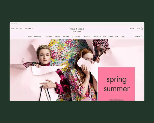 Kate Spade website homepage. Spring Summer collection, pink and green floral. Web design by RoAndCo