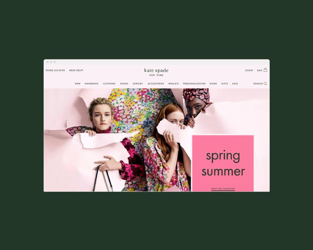 Kate Spade website homepage. Spring Summer collection, pink and green floral. Web design by RoAndCo 