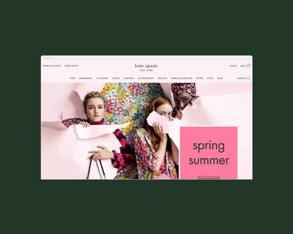 Kate Spade website homepage. Spring Summer collection, pink and green floral. Web design by RoAndCo