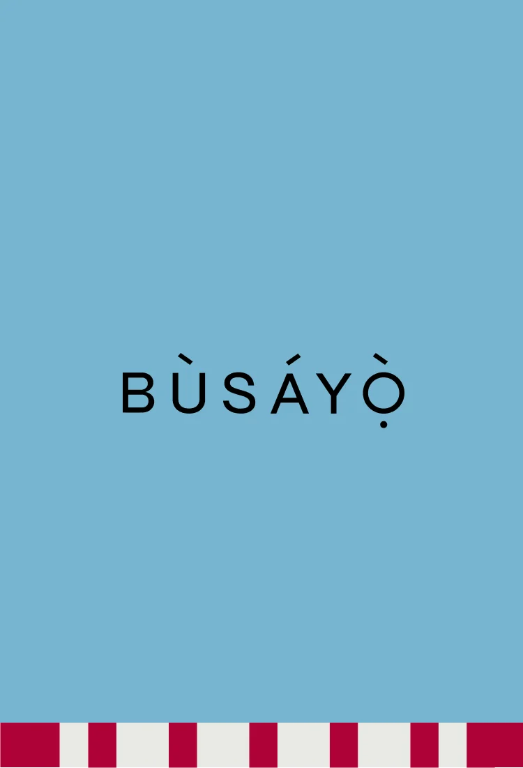 Busayo Logo on a sky blue background with geometric red and white pattern
