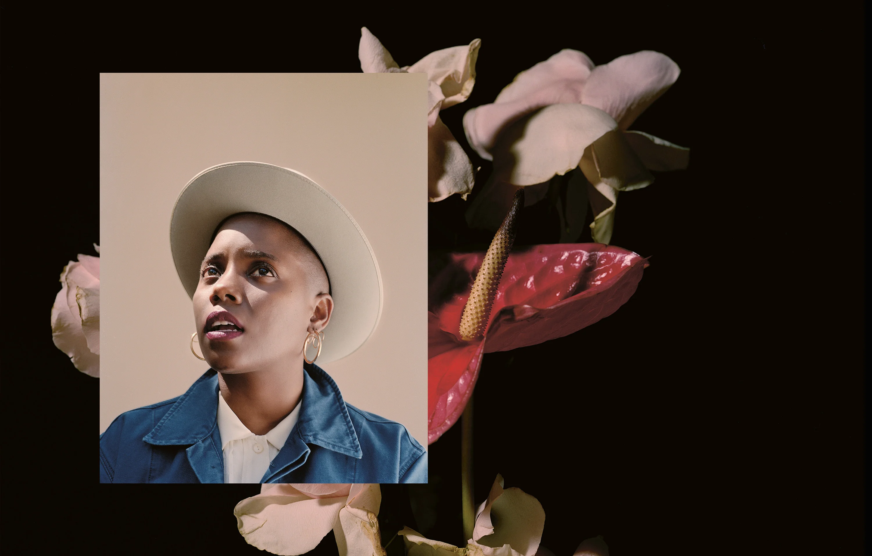 Romance Journal Issue 01. Janicza Bravo portrait over floral arrangement. Publication design, art direction, print design, interviews by RoAndCo.