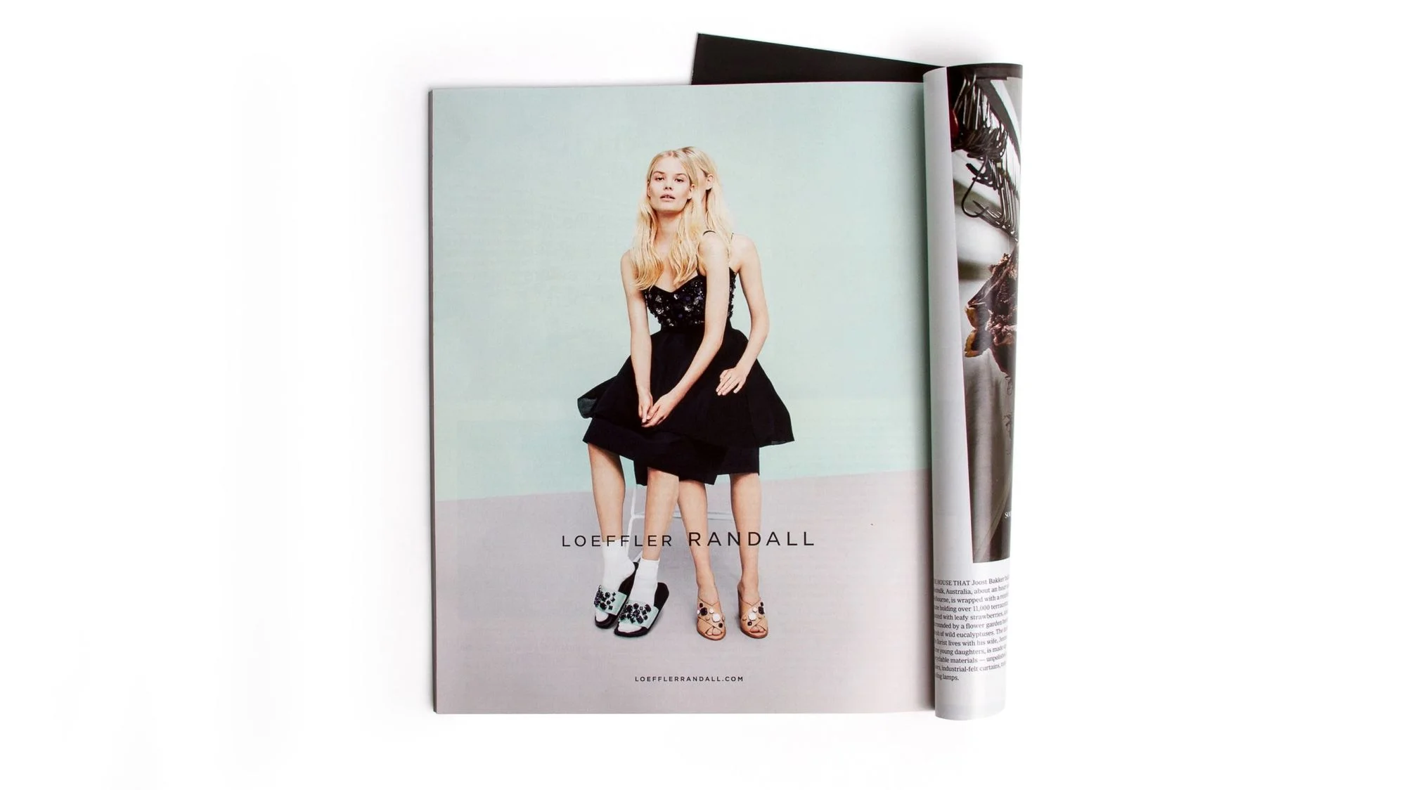 Photo of magazine ad, Loeffler Randall sandals. Branding and Art direction by RoAndCo