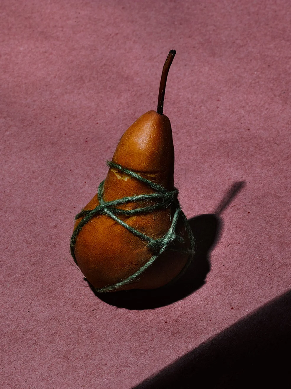 Still life image of a pear bound in rope for Romance Journal Issue 02 Resistance. Publication design, art direction, print design by RoAndCo.