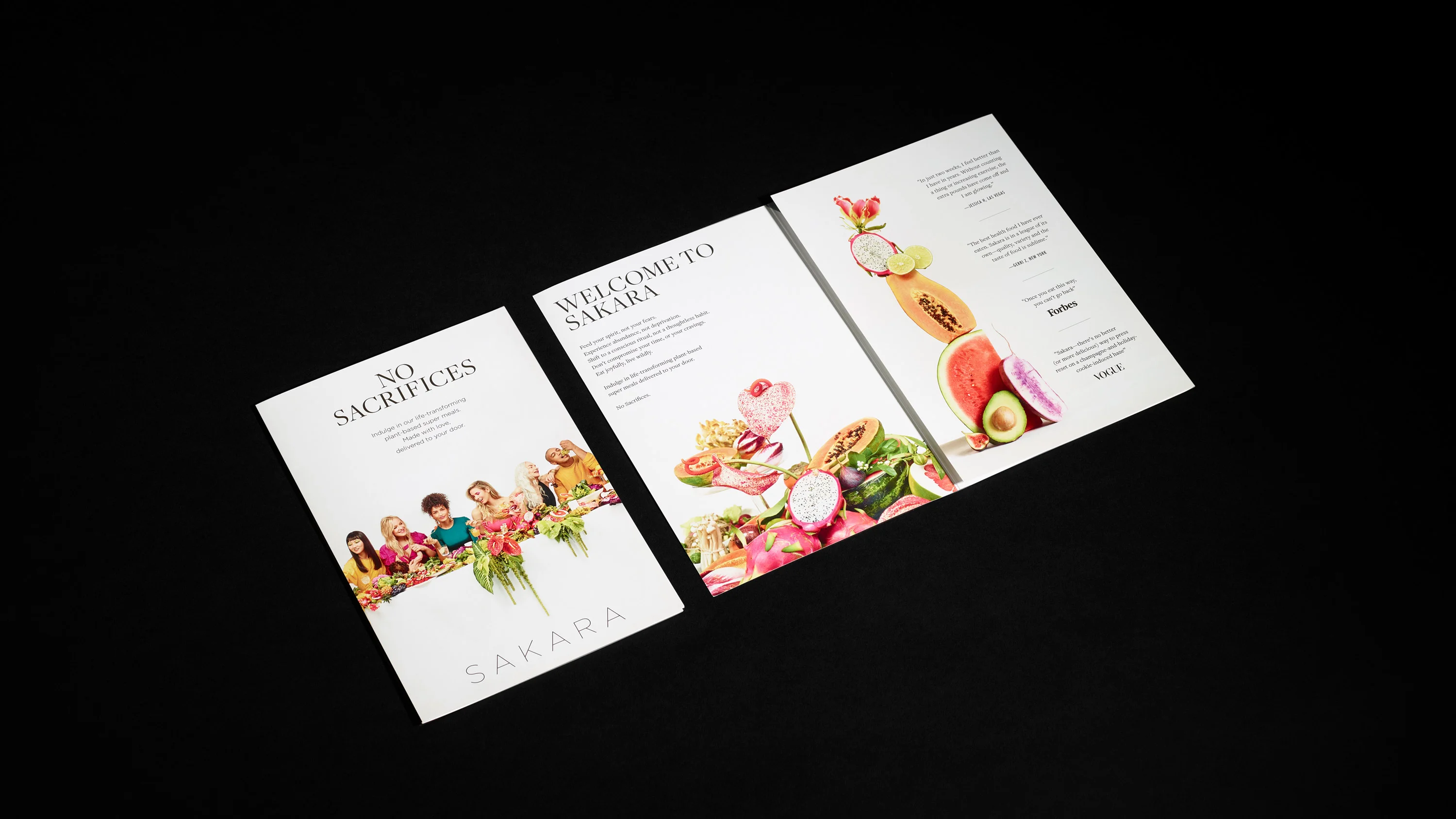 Sakara "No Sacrifices" campaign direct-mailer 3-up, Art direction and design by RoAndCo