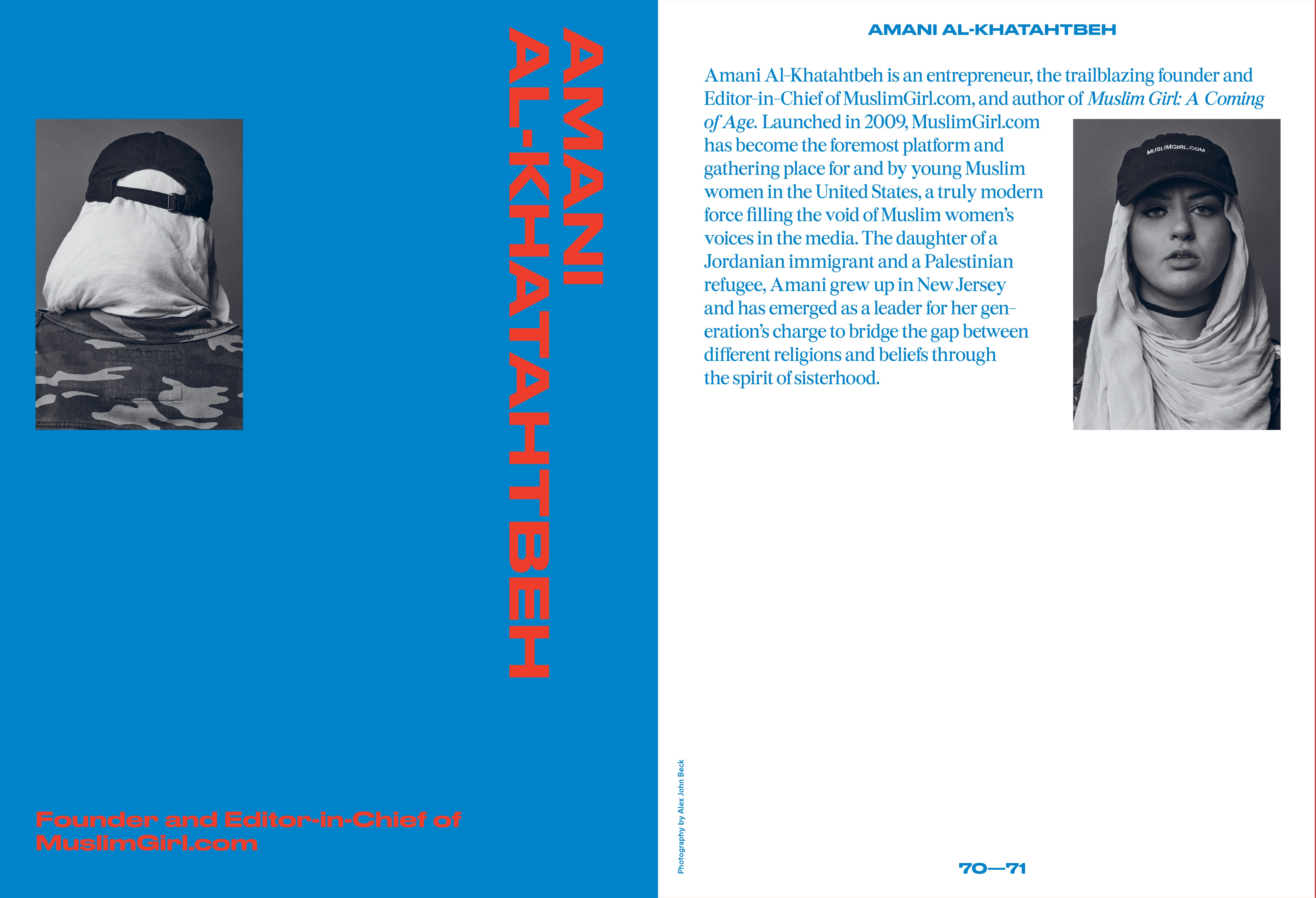 Founder and Editor-in-Cheir of MuslimGirl.com, Amani Al-Khatahtbeh portrait and spread for Romance Journal Issue 02 Resistance. Publication design, art direction, print design, interviews by RoAndCo.